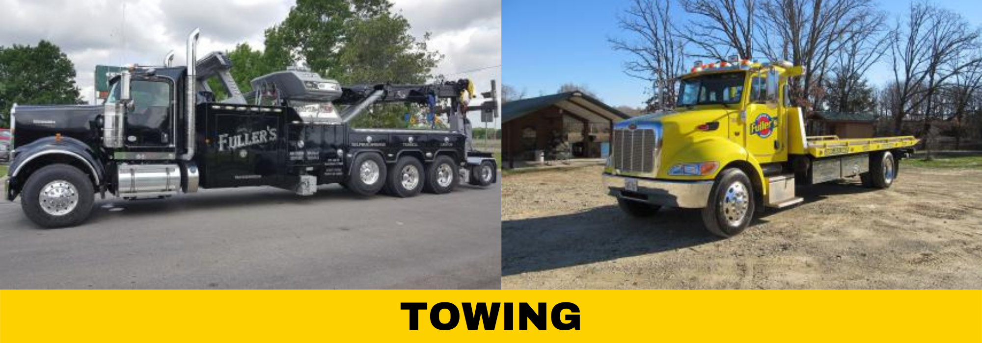 Fuller's black rotator truck and Fuller's yellow tow truck
